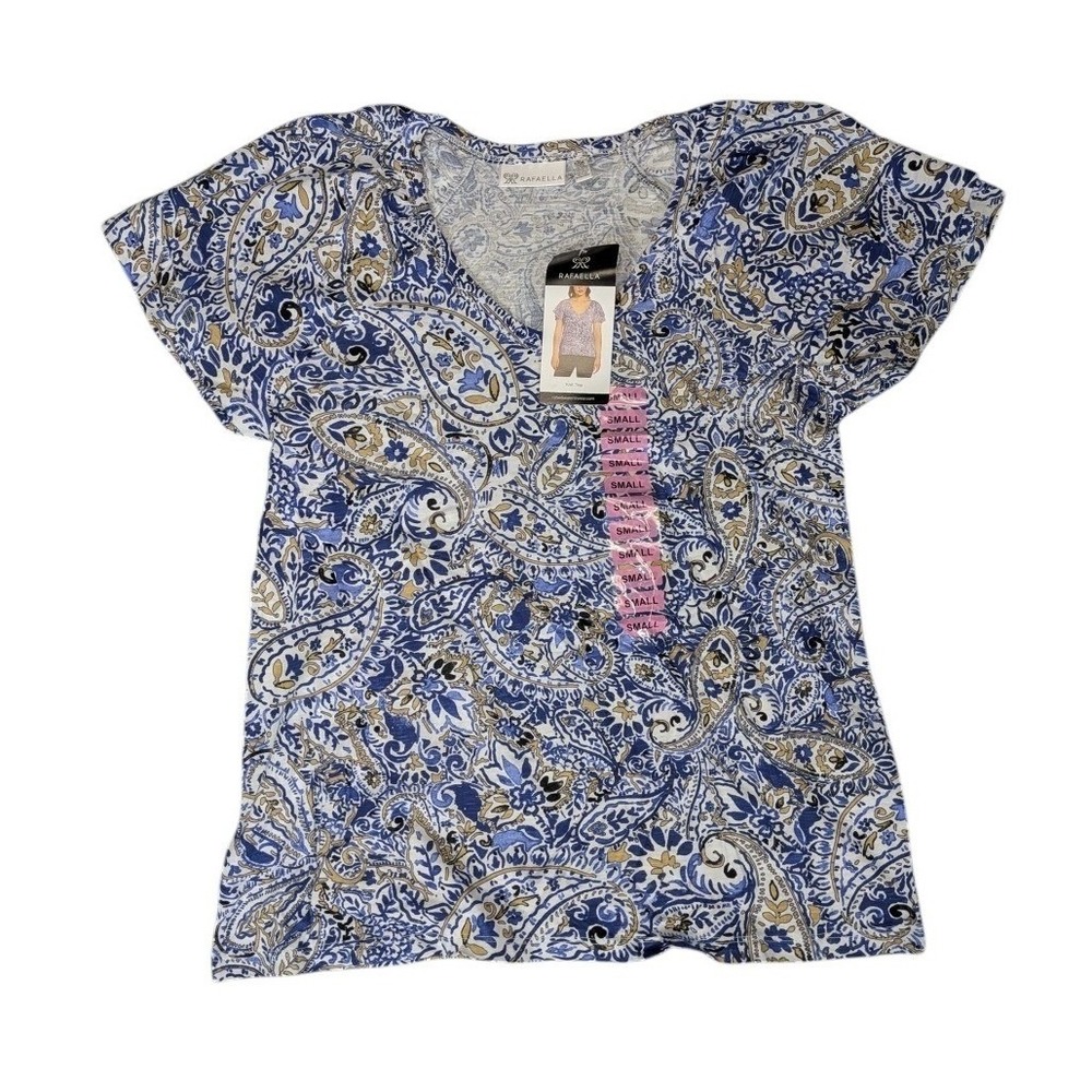 Rafaella Womens Small Amparo Blue Paisley Knit V-Neck Short Sleeve Top RSKSC090โ